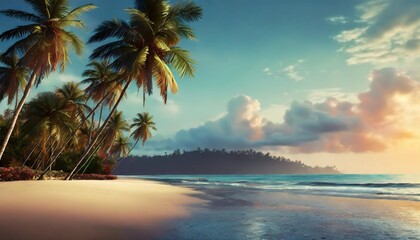 Fototapeta na wymiar idillyc landscape of tropical beach calm ocean palm trees blue sky