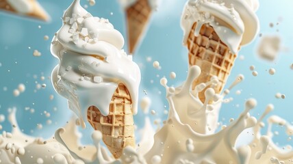 Dynamic ice cream cone with splashing milk close-up - A close-up image capturing the action of vanilla ice cream with a cone splashing into milk, creating a dynamic scene