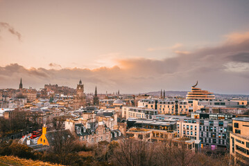 A sunset view of the Edinburgh skyline from Calton Hill, with iconic buildings visible