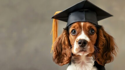 Graduation cap on a dog's head, jubilant feel - A canine portraying a graduate evokes joy, accomplishment, and a celebratory milestone in education and training