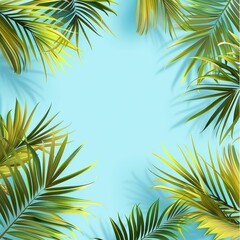 Fototapeta na wymiar Graceful palm leaves on a cool blue background - Elegantly arranged golden and green palm leaves create a sense of luxury and calm on this cool blue background image