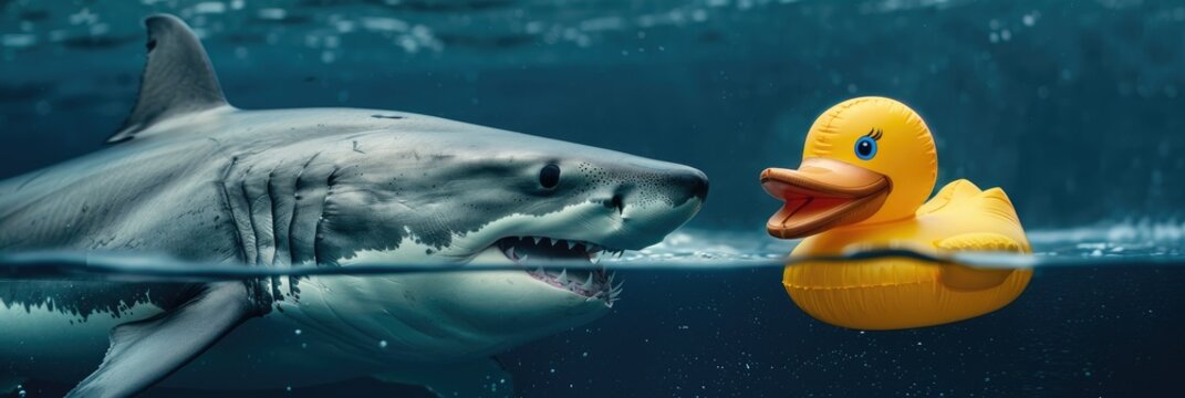 Great white shark approaching a rubber duck - An intriguing image of a great white shark curiously inspecting a floating rubber duck