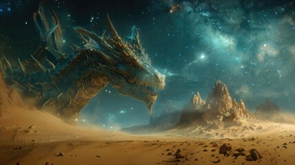 Obraz premium Majestic dragon roaming a starlit desert landscape - An imposing dragon dominates a fantasy landscape with a starry sky backdrop, reminiscent of epic mythical tales