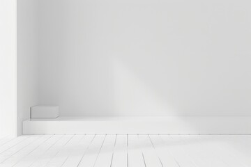 Minimalist white room with light and shadow - Empty white room with soft natural light creating a tranquil and serene minimalist space - obrazy, fototapety, plakaty