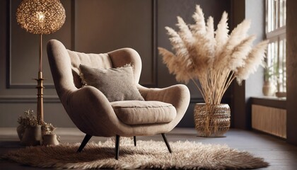 living interior with lamb s wool fabric armchair and pampas grass - obrazy, fototapety, plakaty