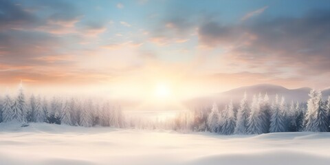 A serene winter landscape with snowcovered trees and a distant sun. Concept Winter Landscape, Snow-covered Trees, Sun, Serenity, Nature