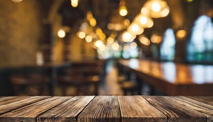 blurred background of bar and dark brown desk space of retro wood