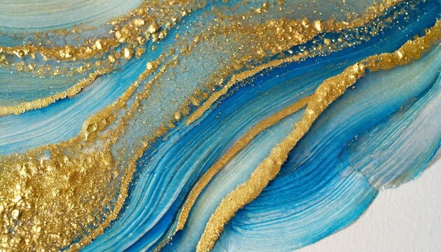 art hand drawn watercolor and acrylic smear blot wave painting abstract texture blue gold glitter color stain brushstroke relief texture background