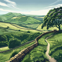 Foothpath along the wall at the Peak District National Park (AI generated poster).