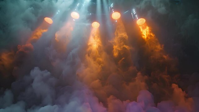Dynamic stage lights flicker through smoke, perfect for concert visuals.