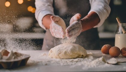 close up hands of a chef clapping hands and preparing yeast dough for pizza pasta in white flour filesr in background of modern restaurant cooking concept of food and cook