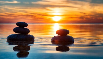 zen stones in water on sunset