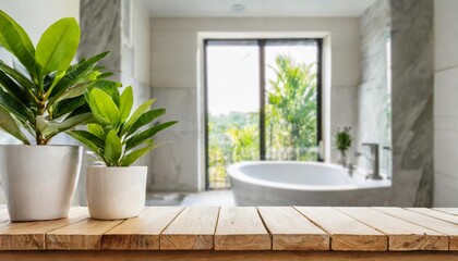 white bathroom interior empty wooden table top with plant for product display with blurred bathroom interior background