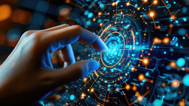 Hand touch digital hud interface futuristic technology background of virtual computer screen display ui future concept hologram and innovation internet system on vr cyberspace.