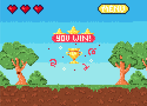 Pixel art game win background. Retro 8 bit video game interface with You Win text, computer game level up background. Win screen