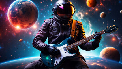 An astronaut plays his electric guitar in space - obrazy, fototapety, plakaty