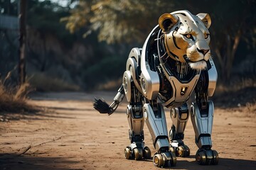 AI-enhanced lion robot character, symbolizing the fusion of technology and nature.