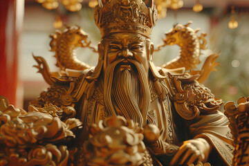 Obraz premium Chinese god of wealth Caishen golden statue surrounded by gold and two dragons, mythological symbol of wealth and money