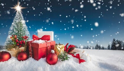 a festive christmas banner of a winter landscape with presents and decorations in the snow isolated against a transparent background