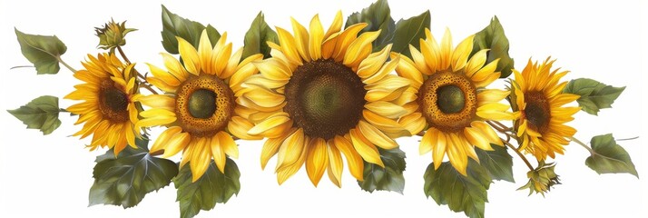 Sunflower Botanical Illustration, Sun Flowers Isolated, Sunflowers on White