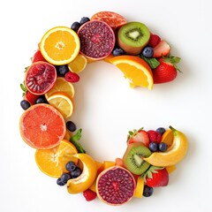 A healthy and colorful representation of the letter C made entirely of fruits. A healthy and colorful letter C, made from a variety of fruits and berries.