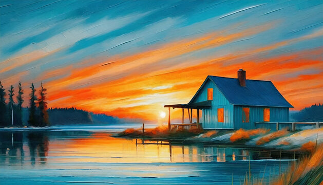 Oil painting of wooden cabin, lakeside sunset or sunrise. Natural landscape.