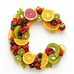 A collage of various fresh fruits and berries arranged in the shape of the letter C. creative and healthy alphabet letter C made entirely of colorful fruits and berries.