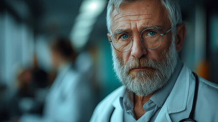 Doctor with a beard in a white overalls and the hospital interior in the background (AI generated illustration).