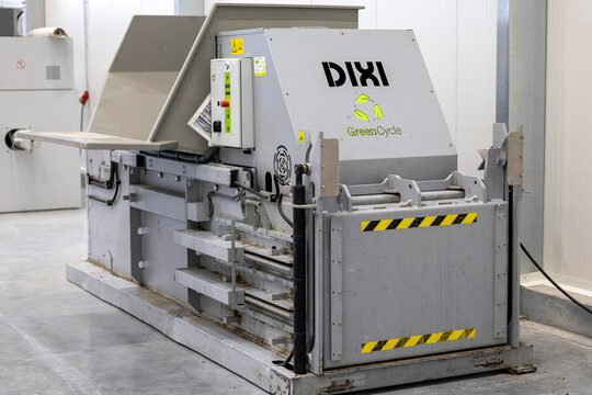 Vilnius Lithuania October 14, 2020 Hydraulic Horizontal Baler DIXI 60 SLD Semi-automatic baler with a compaction force of 60 t for a cost-effective volume reduction of recyclable materials.