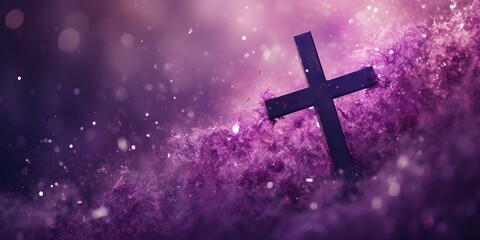 A visually striking Ash Wednesday banner showcasing a symbolic cross adorned with purple ash glitter for Lent. Concept Religious Art, Lent Season, Ash Wednesday Banner, Symbolic Cross, Purple Glitter - obrazy, fototapety, plakaty