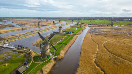 A breathtaking aerial view of the UNESCO World Heritage site, Kinderdijk, captured from a drone © Viktor
