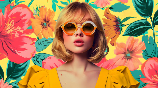 60s fashion blonde woman wearing trendy sunglasses. Summer collage