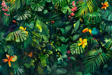 Illustrate a mottled background that captures the lush vibrancy of a tropical rainforest, with greens of every shade interspersed with the bright colors of exotic flowers and birds