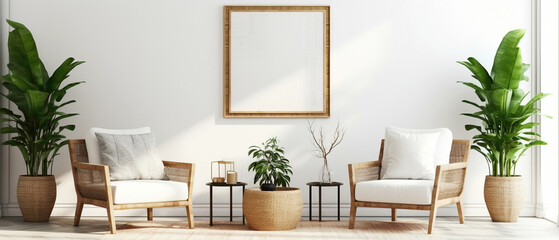 Immerse yourself in the bohemian lifestyle with a modern living room adorned with a wicker chair, floor vases, and a blank mockup poster frame against a bright white backdrop.