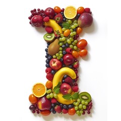 Naklejka na ściany i meble Typography of the letter i crafted from fresh fruit, hyperrealistic, A collage of various fresh fruits and berries arranged in the shape of the letter i. 
