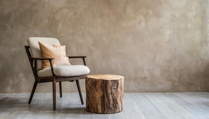 fabric lounge chair and wood stump side table against beige stucco wall with copy space rustic minimalist home interior design of modern living room