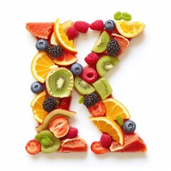 A healthy and colorful representation of the letter K made entirely of fruits. A healthy and colorful letter K, made from a variety of fruits and berries.