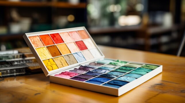 Watercolor box with a spectrum of pigments
