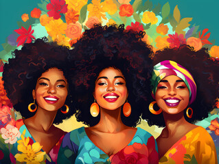 Colorful illustration of group of happy and beautiful Afroamerican woman 