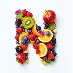 Obraz premium A collage of various fresh fruits and berries arranged in the shape of the letter N. creative and healthy concept