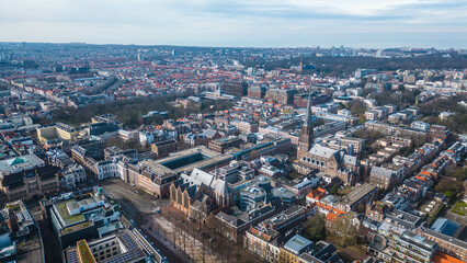 Fototapeta na wymiar Aerial view of the iconic St. James' Church, also known as The Great Church, in The Hague, Netherlands, captured by a drone