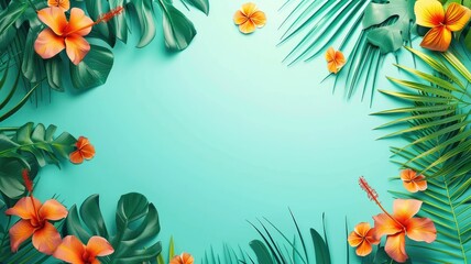 Fototapeta na wymiar Vibrant tropical foliage and flowers on teal - Warm orange and red tropical flowers intermingle with lush green foliage against a soft teal background to create a relaxing ambiance