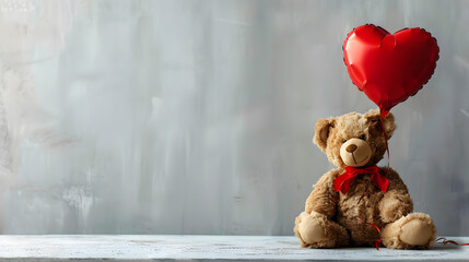 Teddy bear and a heart shaped balloon on light background with copy space