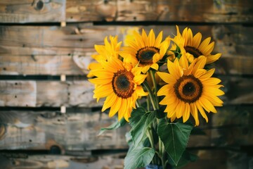 Rustic Sunflower Bouquet Against Wood Paneling, AI Generative
