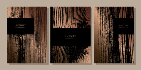 Set of templates with wooden texture. Luxury golden background with wood annual rings texture. Banner with dry tree pattern. Stamp of tree trunk in section. Black and bronze marble background