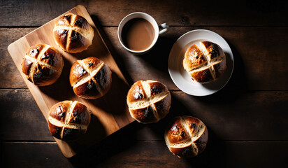 From above appetizing freshly baked sourdough hot cross buns on wooden board and mug of coffee on wooden table, dramatic light, food photography, bakery, rustic, top view