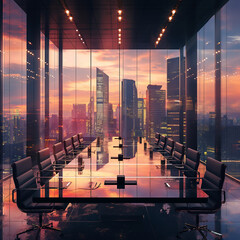 Empty meeting room at sunset (AI generated illustration).