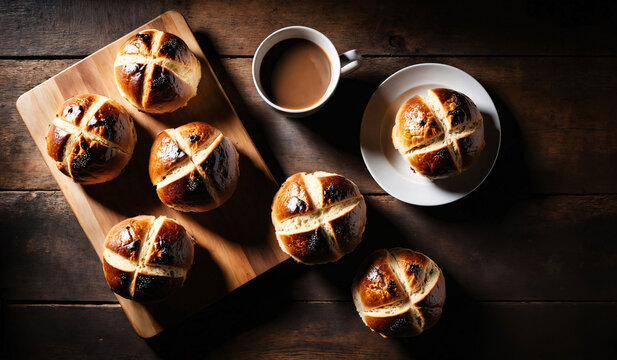 From Above Appetizing Freshly Baked Sourdough Hot Cross Buns On Wooden Board And Mug Of Coffee On Wooden Table, Dramatic Light, Food Photography, Bakery, Rustic, Top View