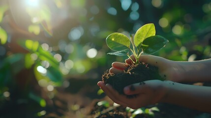 Hands holding green seedling growing in soil on blurred nature background