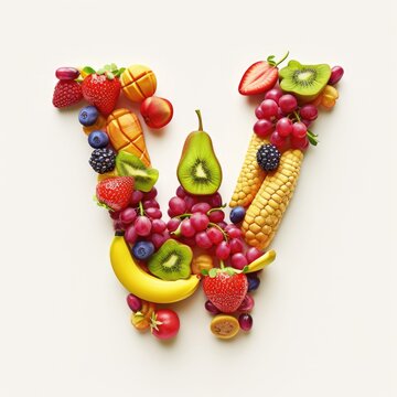 Typography of the letter W crafted from fresh fruit, hyperrealistic, A collage of various fresh fruits and berries arranged in the shape of the letter W. 
